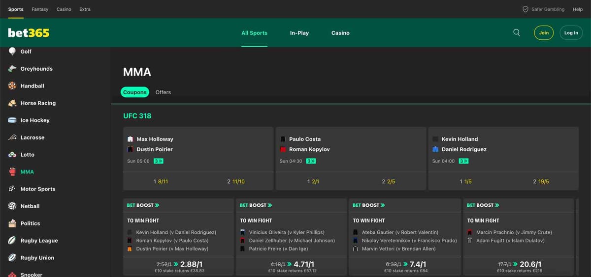Screenshot of Bet365 MMA betting interface showing UFC 318 matchups and odds, useful when exploring where Bet365 gets their stats from.