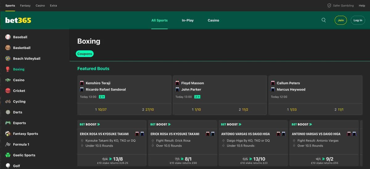 Bet365 boxing odds for Kenshiro Teraji vs Ricardo Sandoval, including Google Pay options.