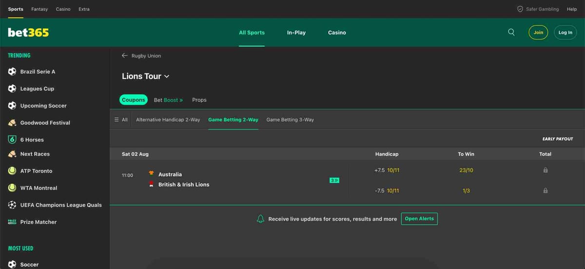 Bet365 rugby betting odds for Lions Tour with handicap options.
