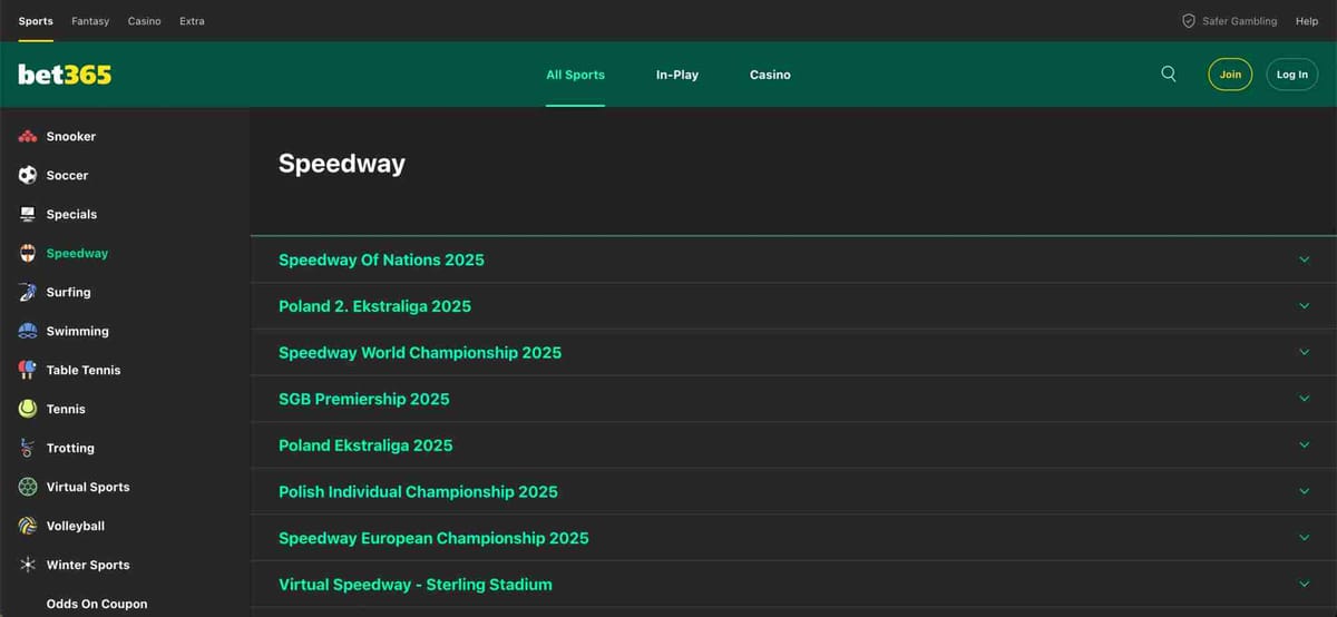 Bet365 Speedway betting options for Poland 2 Ekstraliga 2025 and World Championship.