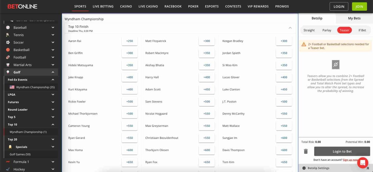 BetOnline golf odds screen with account panel, showing part of the verification process.