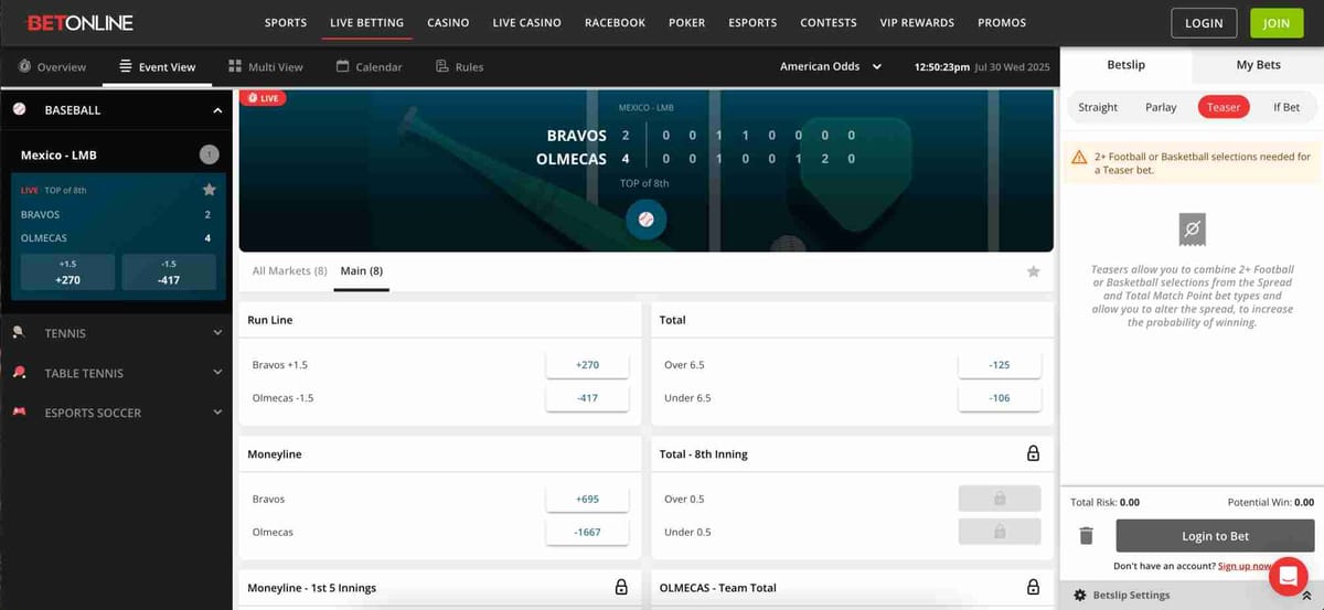 BetOnline live betting screen showing a baseball game between Bravos and Olmecas, highlighting odds and markets available for betting in Tennessee.