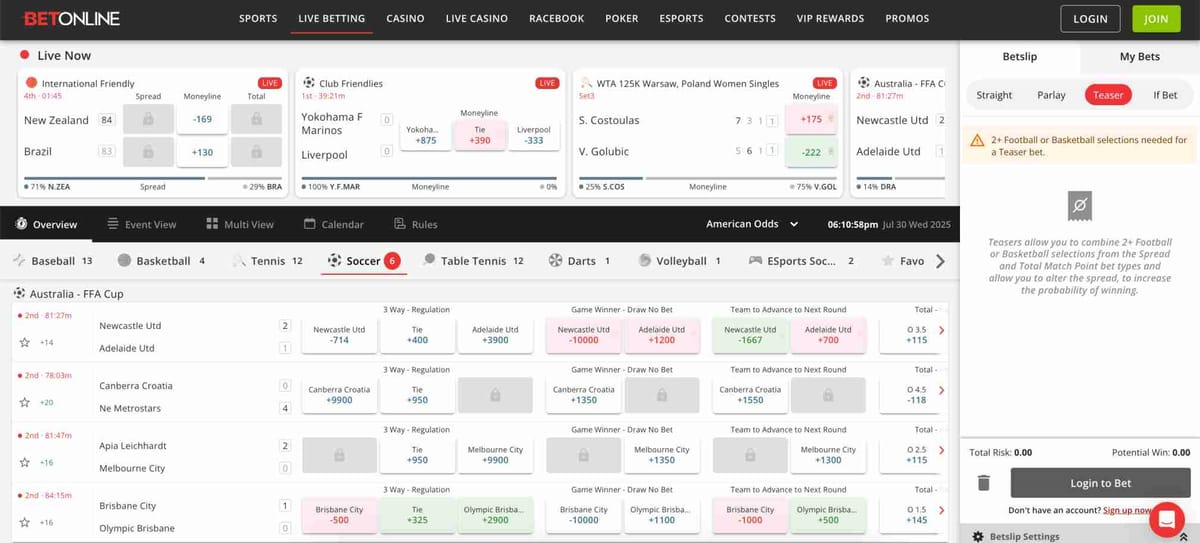 Live betting interface on BetOnline showing various soccer, tennis, and volleyball betting options, with live match odds displayed, highlighting the available Skrill withdrawal time options.