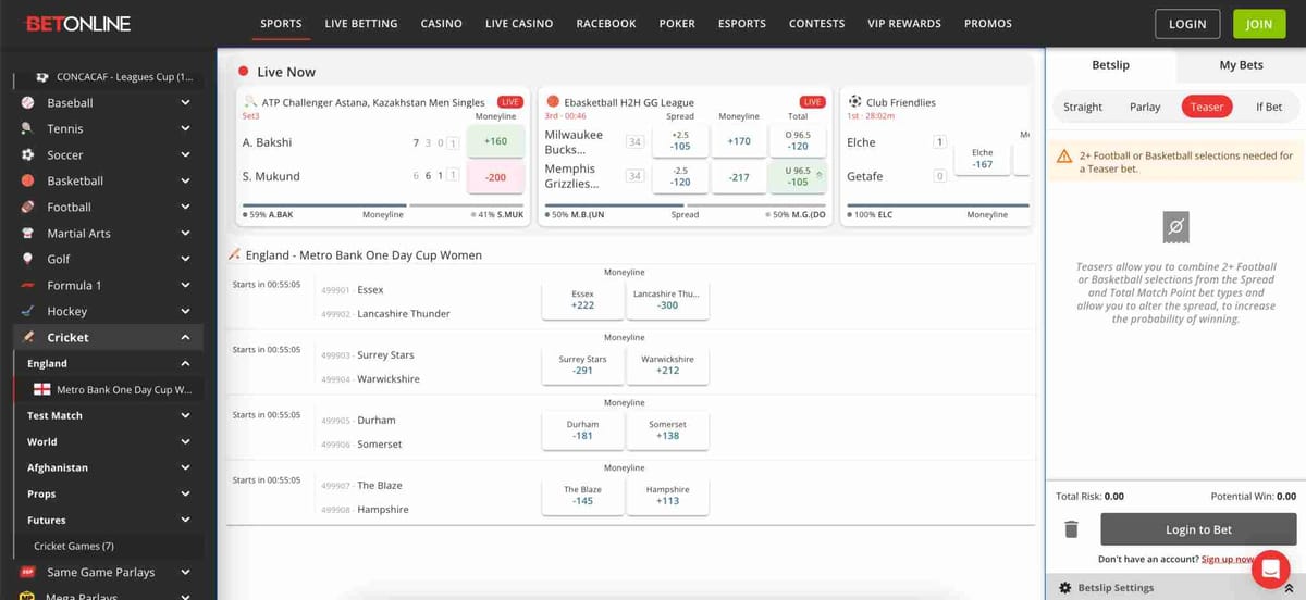 BetOnline live betting interface showing tennis, basketball, and cricket odds. Is BetOnline legal in Canada for international students?
