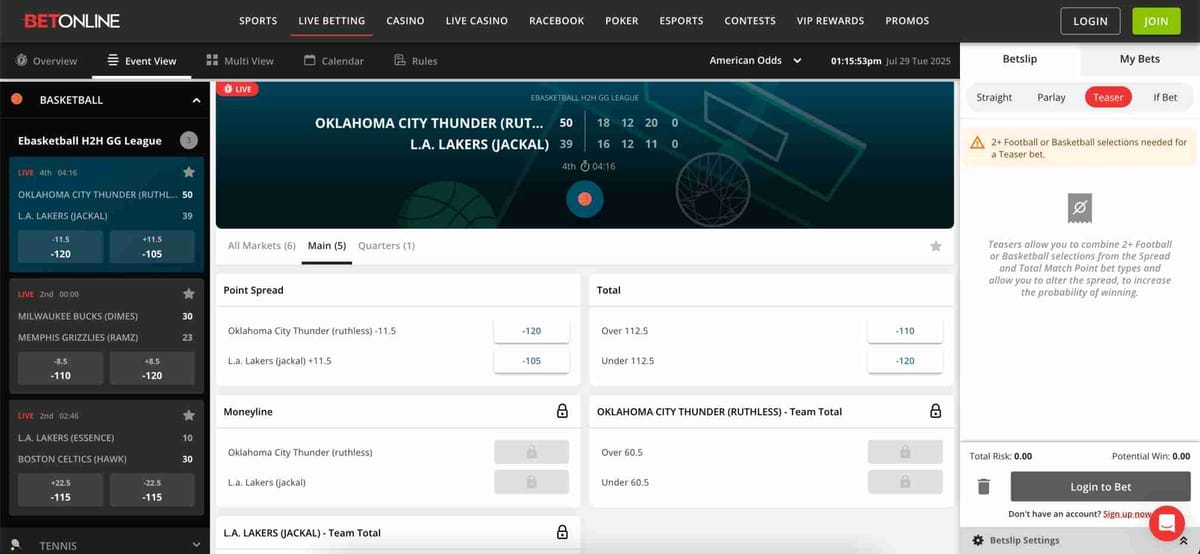 BetOnline basketball betting screen during Thunder vs Lakers – why did BetOnline ban me.