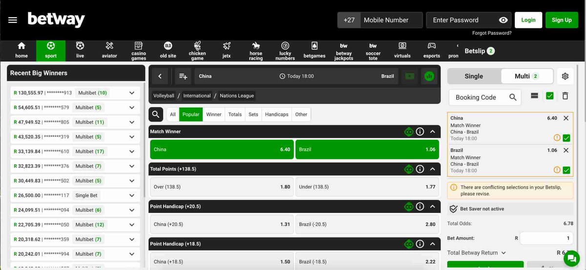 Betway volleyball match between China and Brazil with odds for match winner and total points using bet credits.