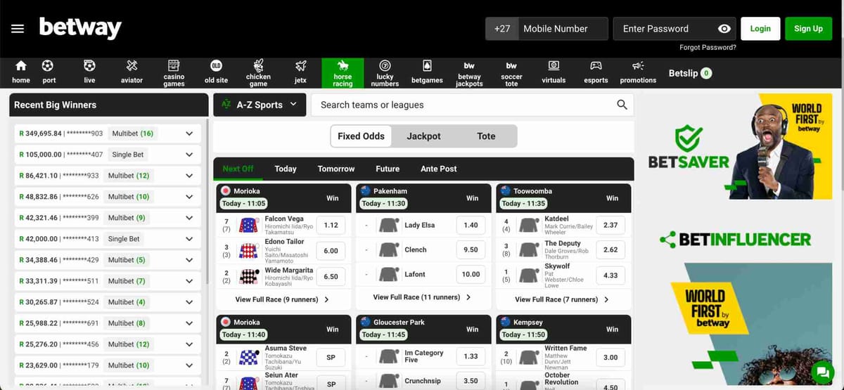 Horse racing odds on Betway interface showing live races and big winners—useful context when asking "why did Betway ban me".