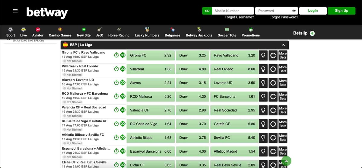 Betway La Liga odds showing match listings and betting options — does Betway refund red card bets?