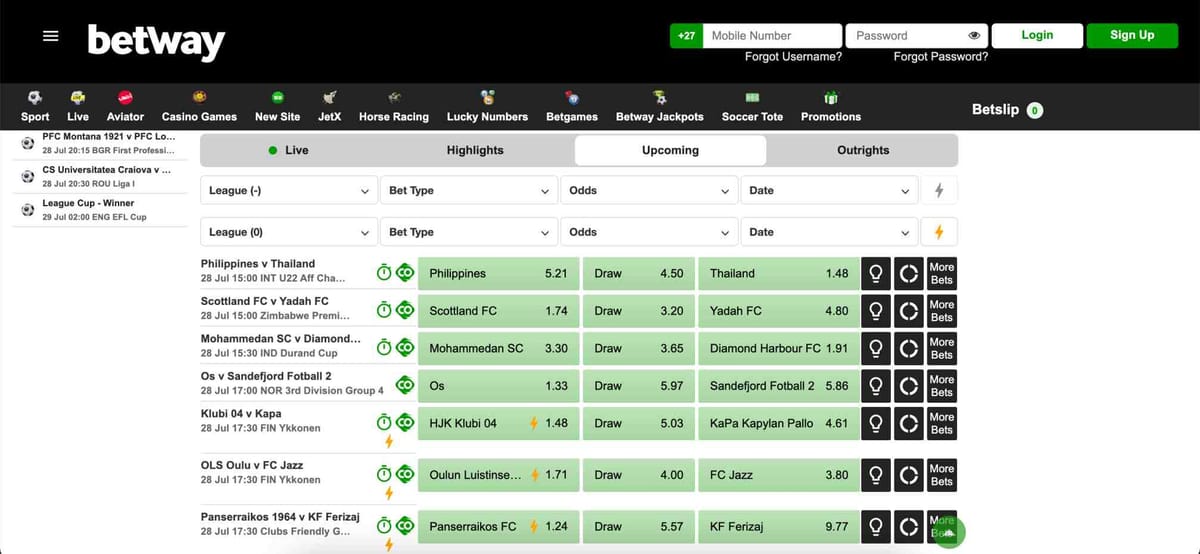 Live football betting odds and upcoming matches on Betway showing various win/draw odds – useful for understanding how Betway does return include stake in betting slips.