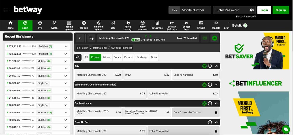 Live ice hockey betting interface on Betway during a U20 match, useful for users exploring Betway PIX deposit Brazil options.