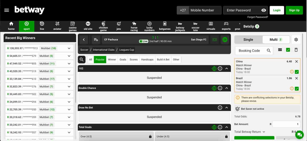 Betway live soccer betting page with multibet options. Does Betway accept Chime?