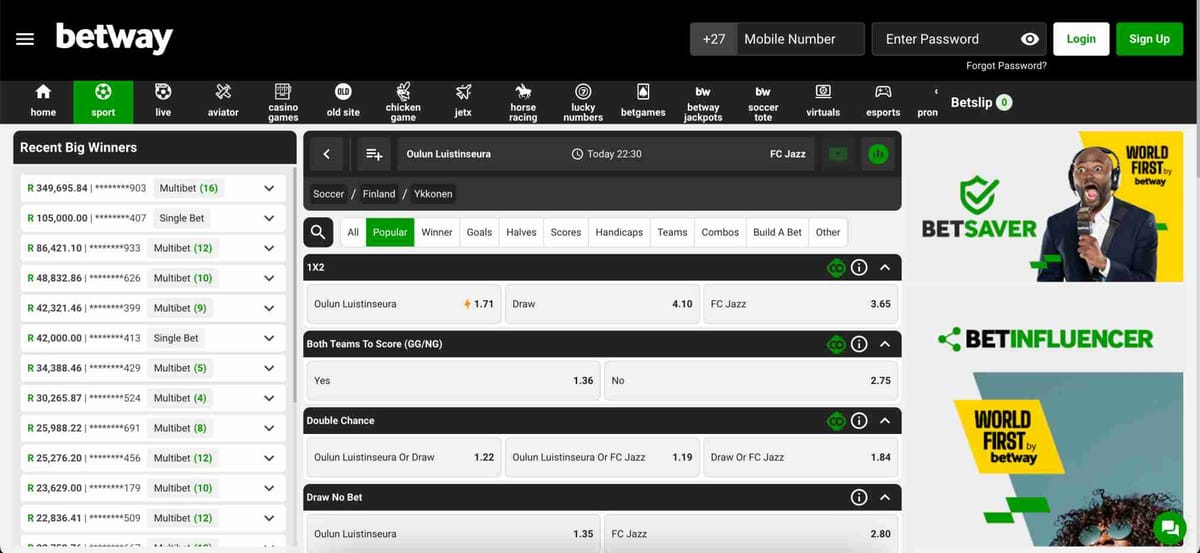 Betway betting interface showing odds for Oulun Luistinseura vs FC Jazz – guide on how to withdraw from Betway in Vietnam.