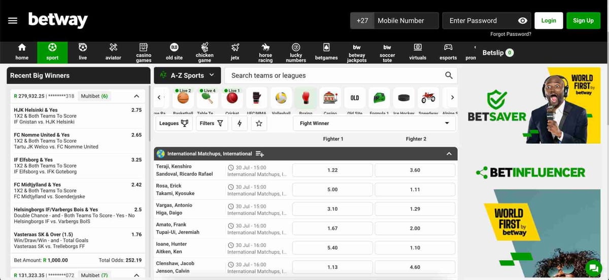 Betway sports betting interface showing international boxing matchups and recent big winners, relevant for users asking is Betway available in Namibia.
