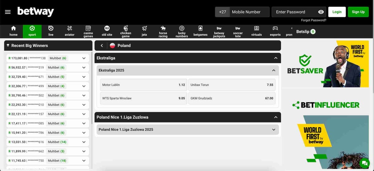 Betway sports betting interface showing Poland Ekstraliga 2025 odds and recent big winners — a popular view for Betway UPI deposit India users.