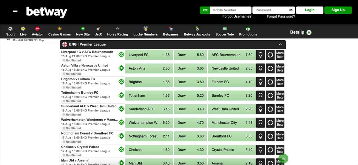 Upcoming Premier League fixtures and odds on Betway, showing betting options including potential picks relevant to how much you can put on Betway Super Boost.