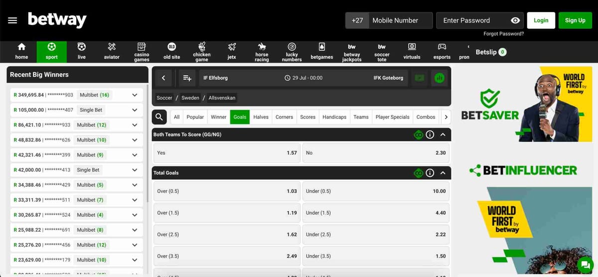 Betway soccer betting interface showing odds and goal markets, useful for evaluating if Betway works in Texas.