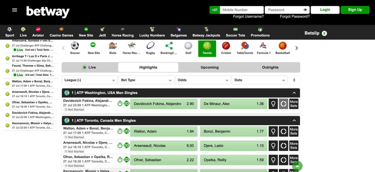Betway tennis betting odds screen showing upcoming matches, relevant for understanding what happens if a player gets injured Betway