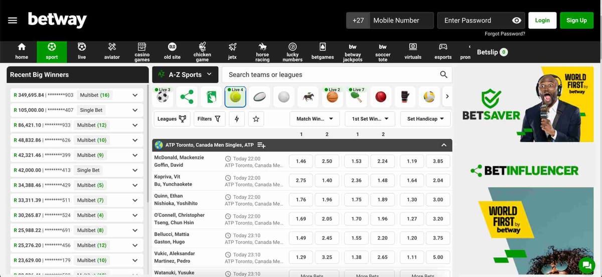 Betway sports betting interface showing live tennis odds, useful for understanding what happens if a tennis player retires Betway.