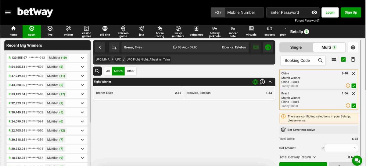 Betway sports betting interface showing UFC fight odds for Brener vs. Ribovics.