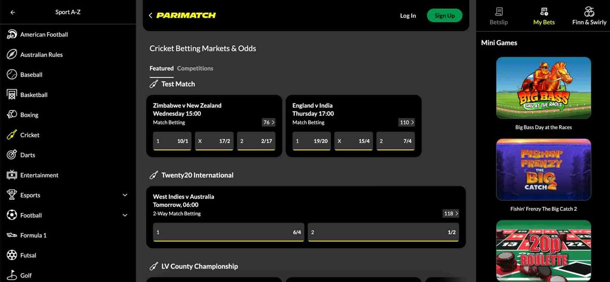 Cricket betting odds and match options displayed on Parimatch with various formats visible — ideal for learning how to change odds format on Parimatch.