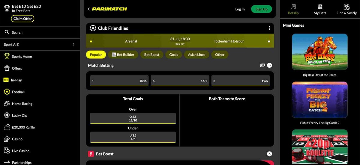 Parimatch football betting screen showing Arsenal vs Tottenham odds and markets, useful when troubleshooting Parimatch Apple Pay withdrawal declined issues.