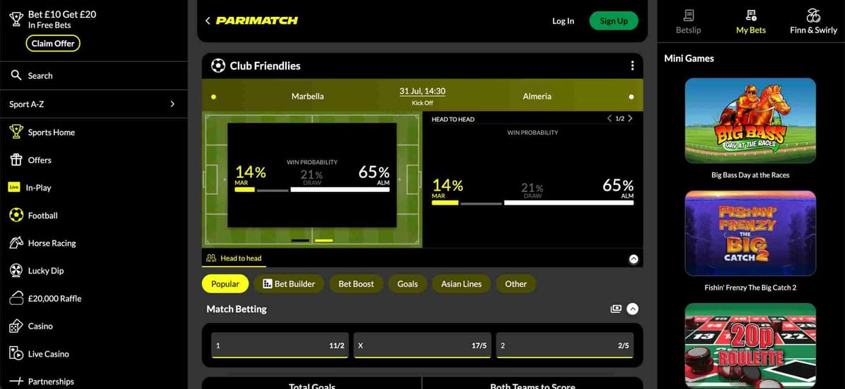Parimatch Club Friendlies match screen showing win probabilities for Marbella vs Almeria, useful for understanding if Parimatch does full time result include extra time.