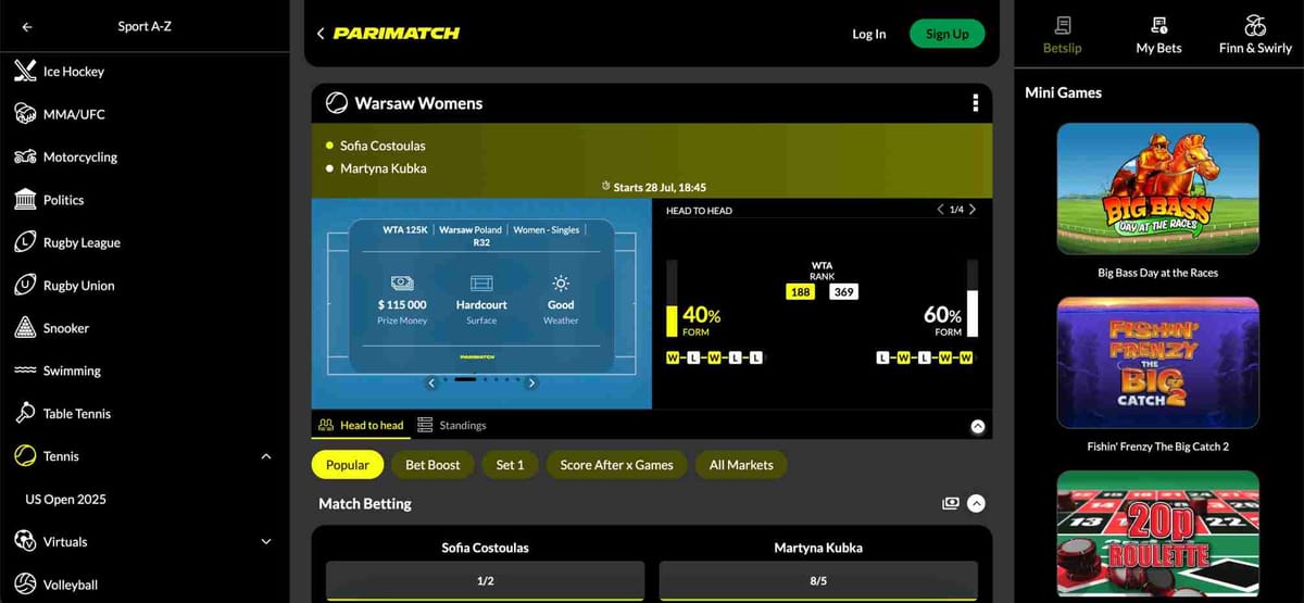 Parimatch match preview for Sofia Costoulas vs Martyna Kubka with odds and stats, showing what happens if tennis player retires Parimatch.
