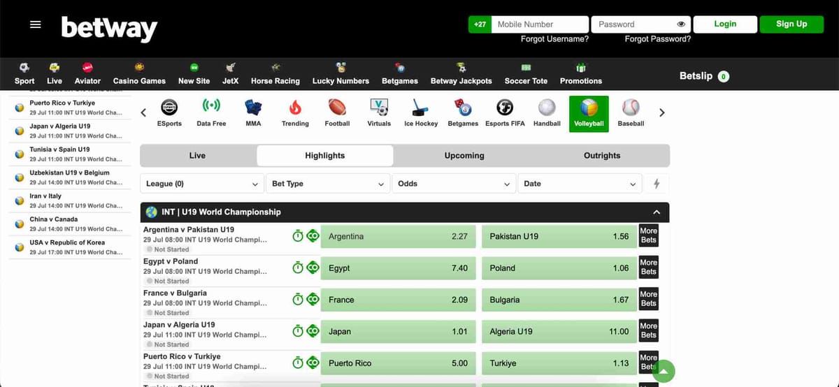 Upcoming U19 volleyball matches on Betway showing odds for Argentina vs Pakistan U19 and others – helpful for users asking why is my Betway payment reversed?