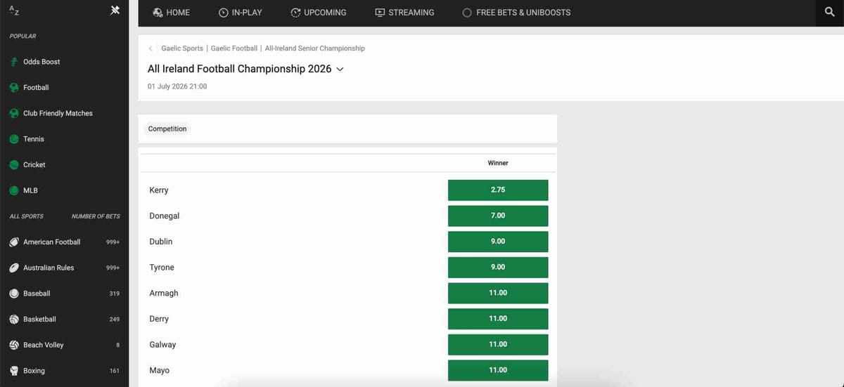 Unibet betting odds for the All Ireland Football Championship 2026 showing Kerry as the favorite – does Unibet accept Airtel Money for placing these bets?
