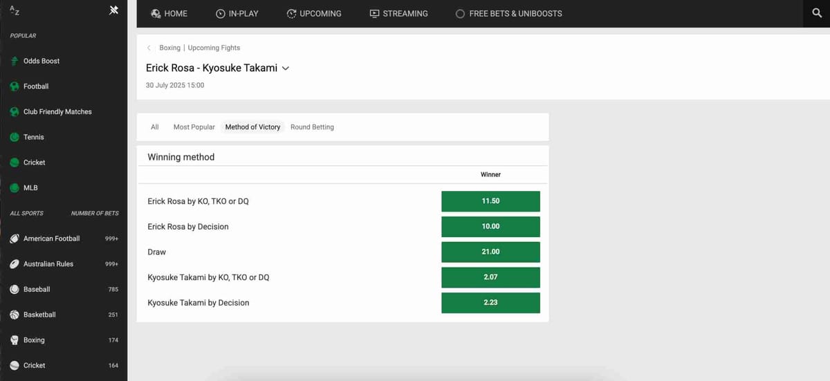 Unibet boxing odds for Erick Rosa vs Kyosuke Takami, showing methods of victory.