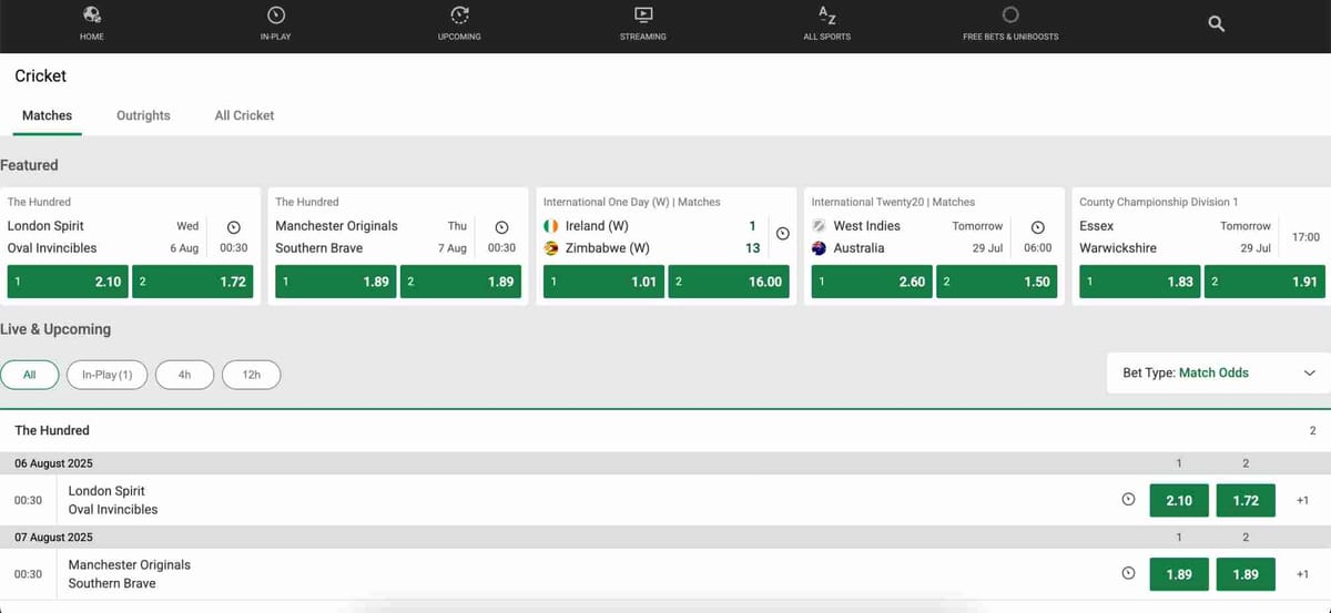 Cricket betting odds and upcoming matches on Unibet showing interface functionality – relevant to the question “does VPN work with Unibet”.