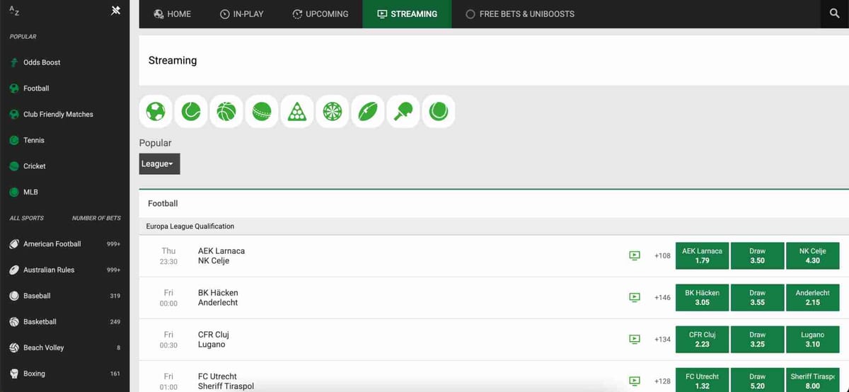 Upcoming Europa League matches with odds shown on Unibet – helpful for users learning Unibet how to use free bet options.