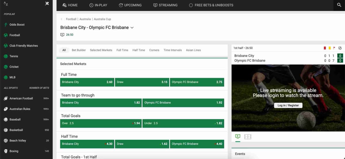 Unibet football betting odds for Brisbane City vs Olympic FC Brisbane, including markets like full-time result and total goals. Can I have 2 Unibet accounts for multiple bets?