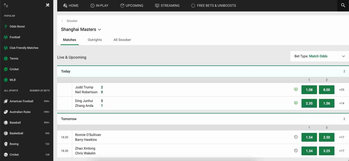 Unibet snooker betting screen with match odds, useful for “Unibet can I withdraw to a different card” users.