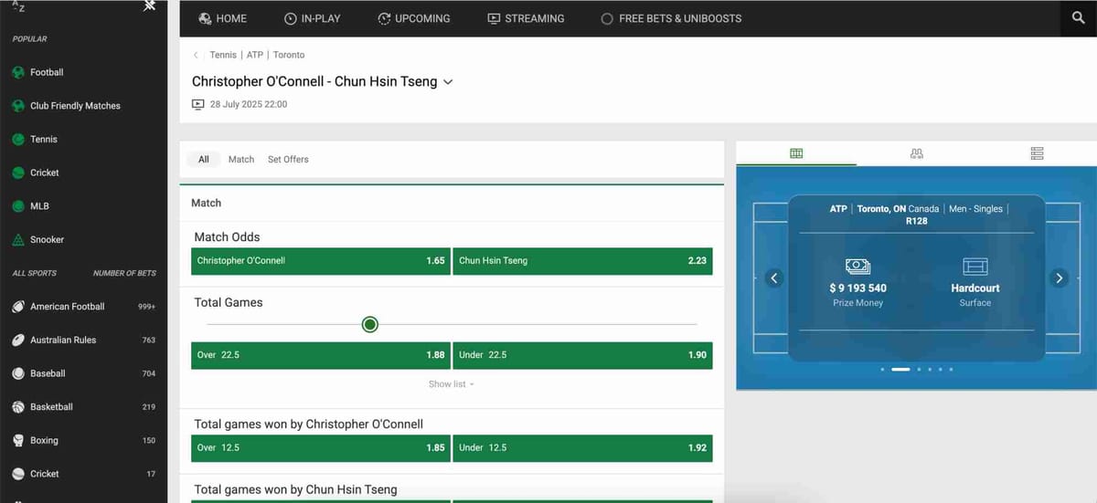 Betting odds and match markets for Christopher O'Connell vs Chun Hsin Tseng on Unibet, showing example of what happens if tennis player retires Unibet applies