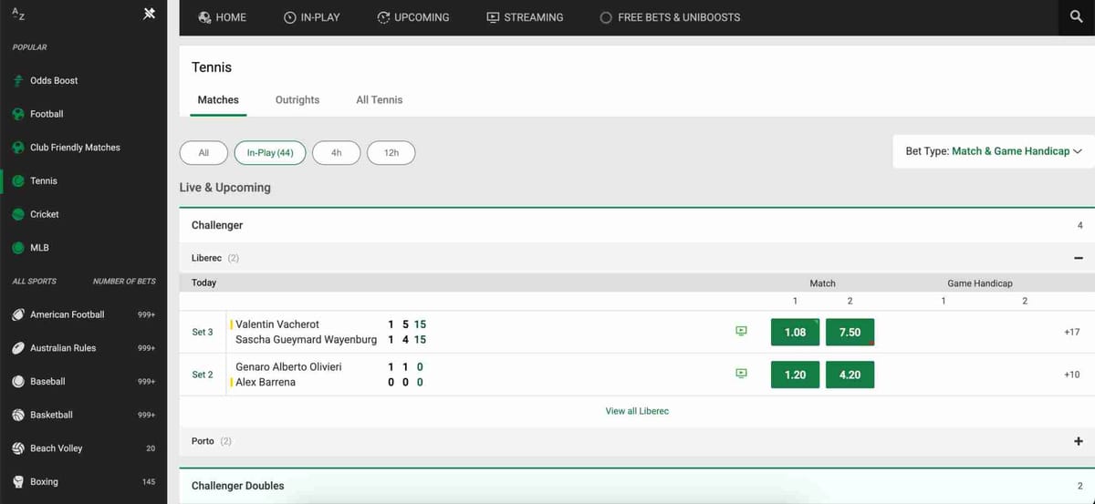 Unibet live tennis match odds for Vacherot vs Gueymard Wayenburg, including game handicap.