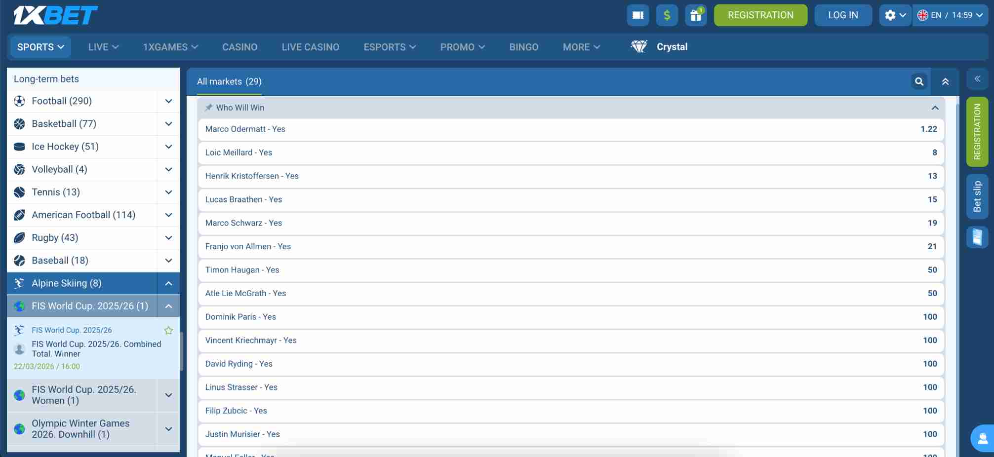 1xBet betting odds for FIS World Cup 2025/26 Alpine Skiing winner showing top contenders including Marco Odermatt