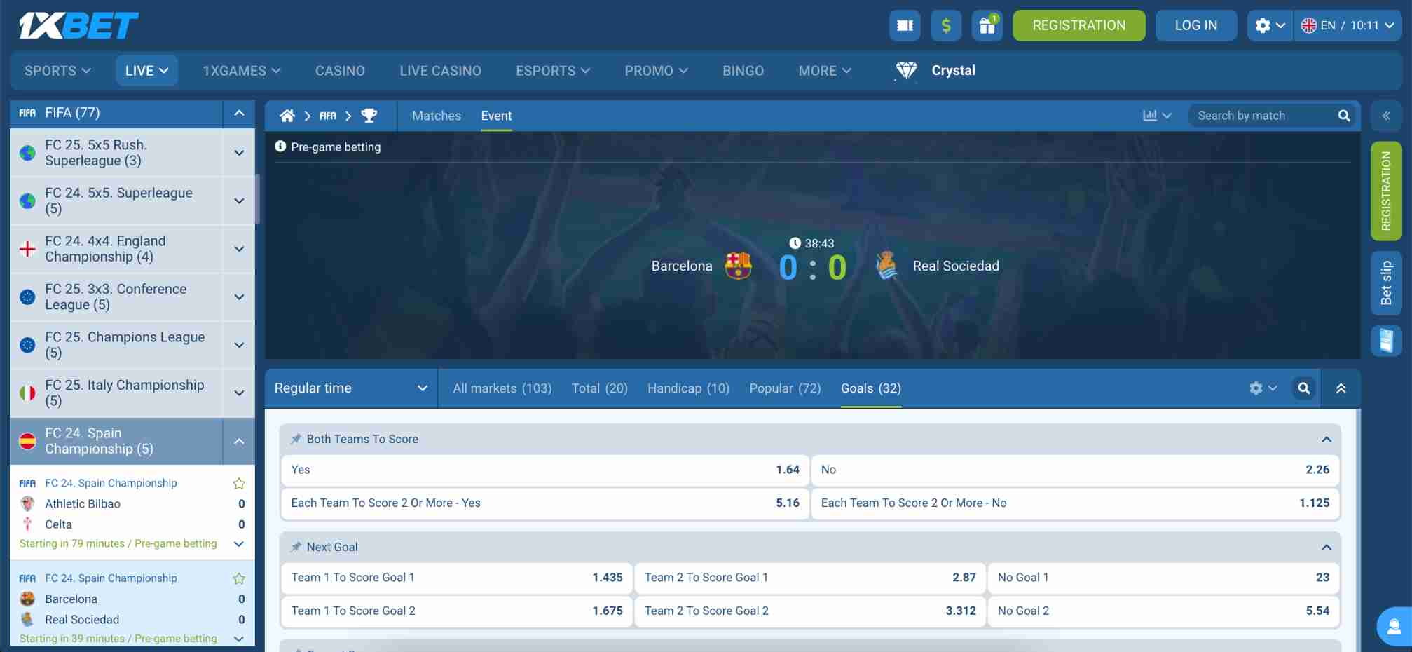 Live betting screen on 1xBet during a Barcelona vs Real Sociedad match showing in-game odds and options—related to the question can I use 1xBet with fake name.