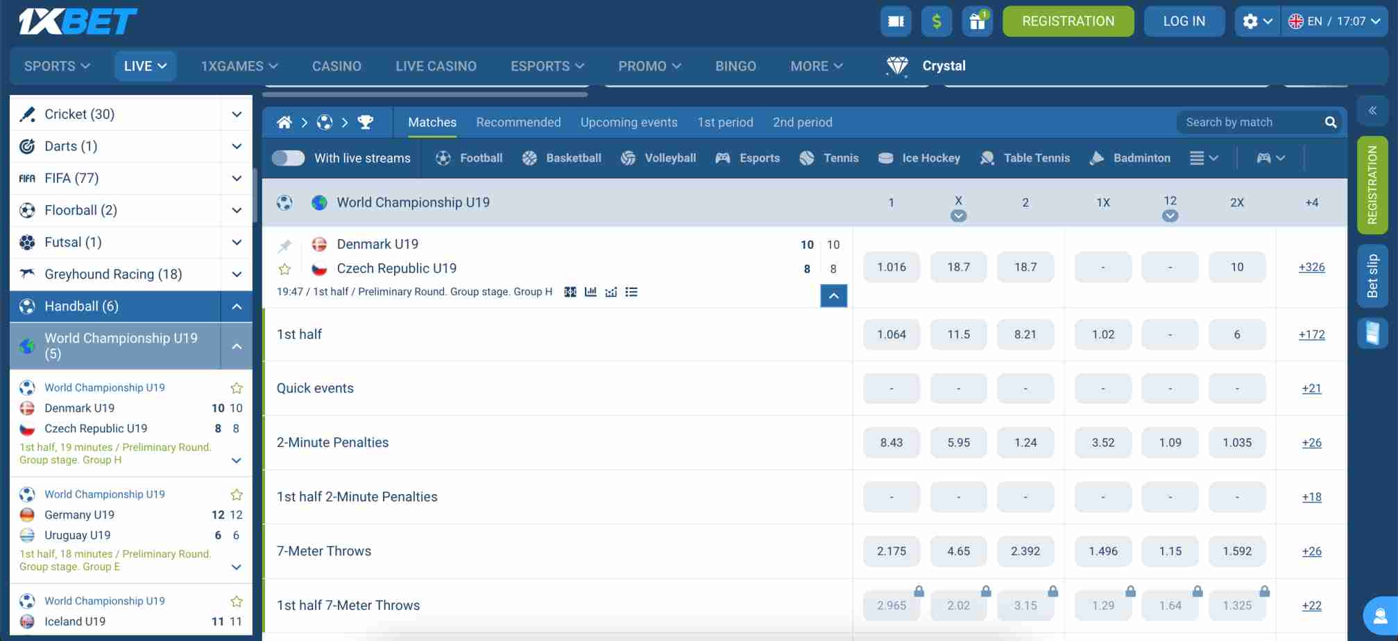 Live betting interface on 1xBet showing World Championship U19 handball match odds, helpful for users checking 1xBet Venmo withdrawal time before placing bets.