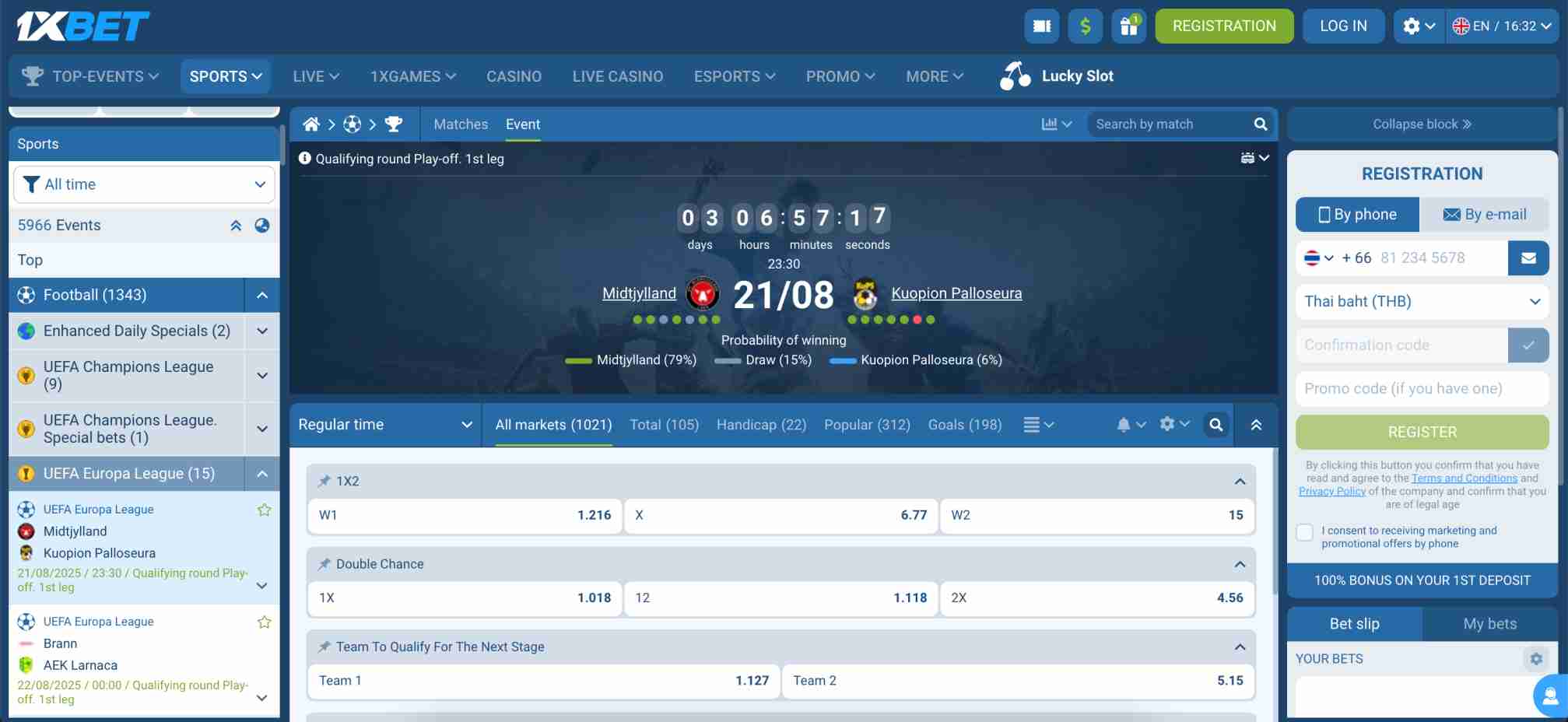 UEFA Europa League betting screen on 1xBet showing how to change odds format and match details for Midtjylland vs Kuopion Palloseura.