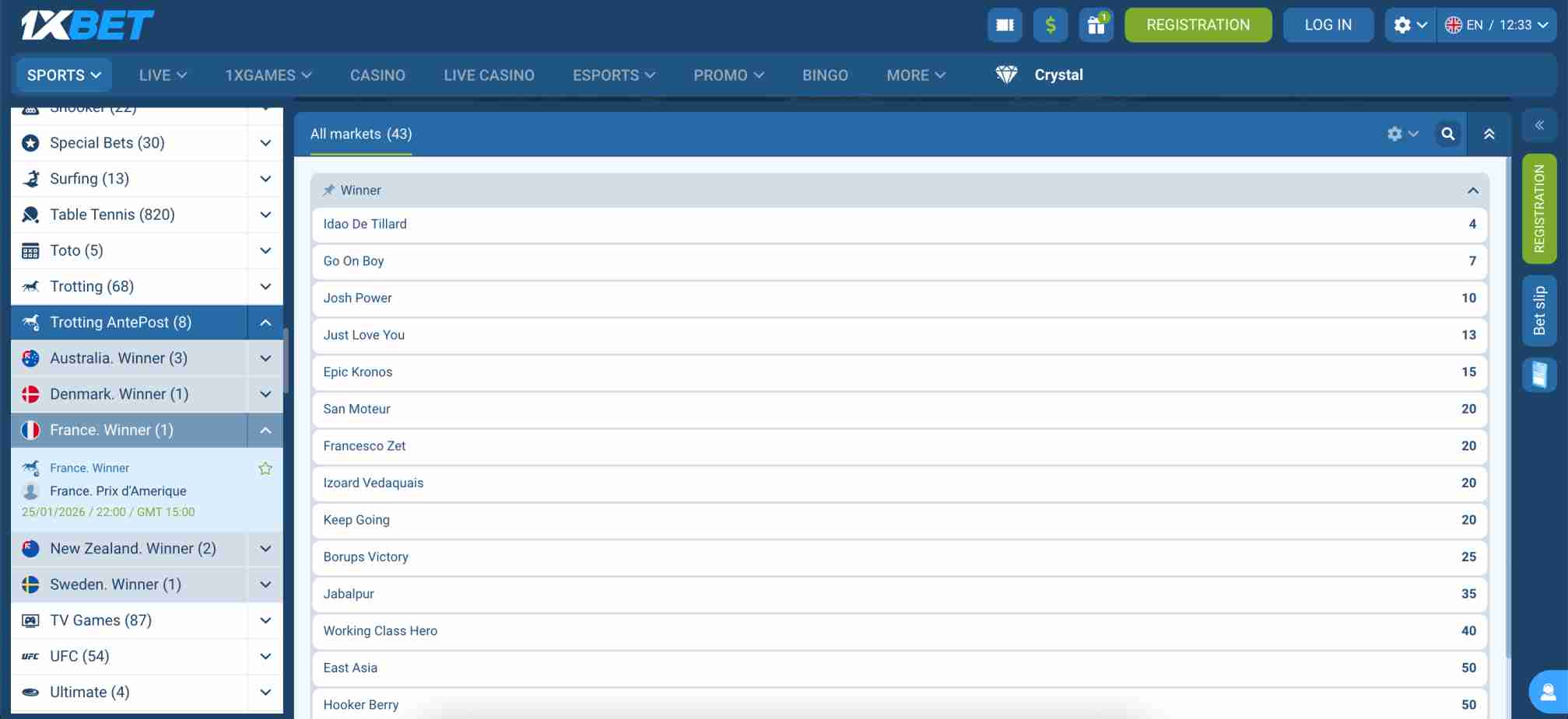 Betting odds on 1xBet for Prix d'Amérique 2026 showing horse race contenders, relevant for users checking how long it takes for 1xBet to verify your account before placing bets.