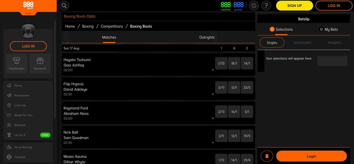 888sport boxing bouts odds screen showing upcoming matches and betting options, useful for understanding what happens if a game is suspended on 888sport.
