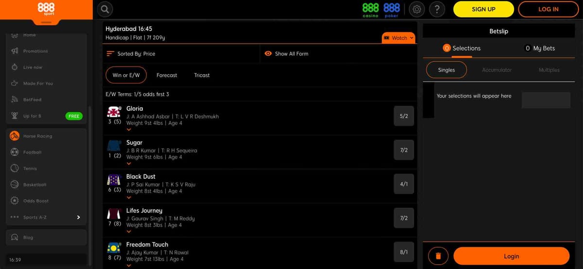 Screenshot of 888sport horse racing betting odds and selections interface, relevant to understanding why is my 888sport payment reversed.