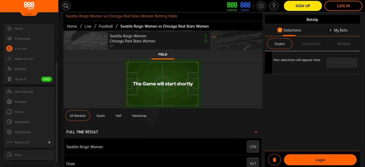 Live football betting odds on 888sport showing Seattle Reign Women vs Chicago Red Stars Women match