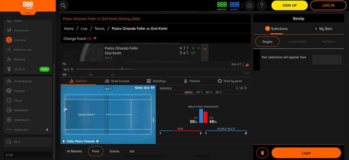 888sport live tennis betting screen showing match stats and options to place bets, with a betslip on the side.