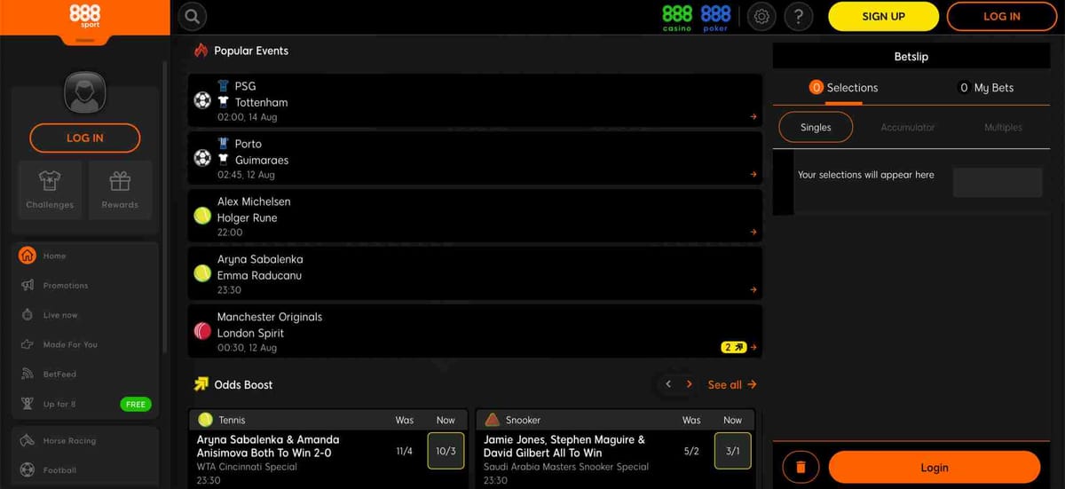 888sport homepage showing popular events and betting odds, relevant to the question “888sport does return include stake”  Filename: 888sport-popular-events-b