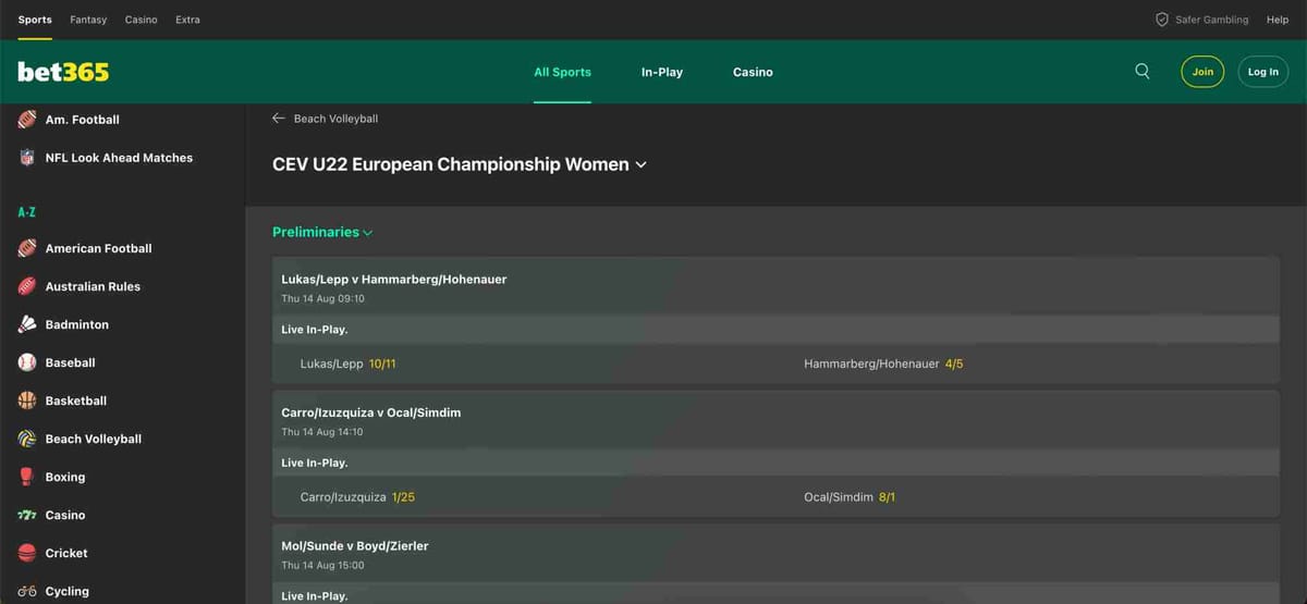 Bet365 beach volleyball odds display for CEV U22 European Championship Women with betting options