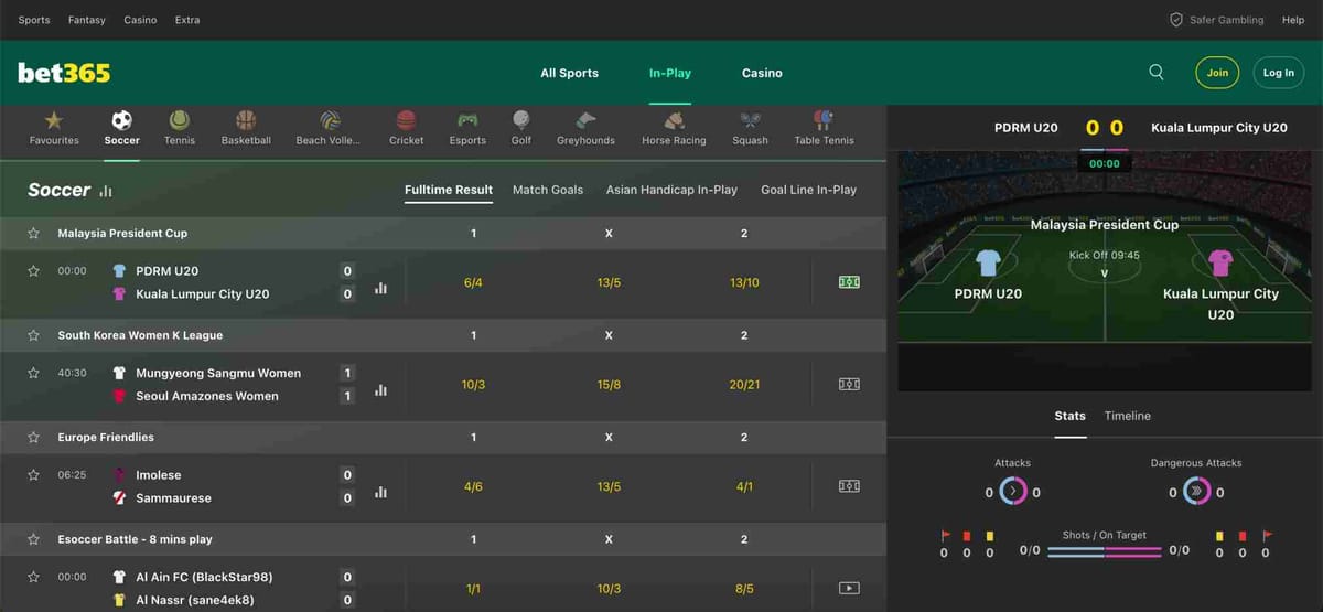 Live soccer betting odds on Bet365 with match stats and interface, relevant for Bet365 bank withdrawal in Pakistan.