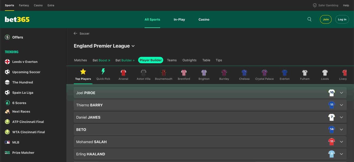 Bet365 soccer betting dashboard showing Premier League player options – does Bet365 require KYC for account access?