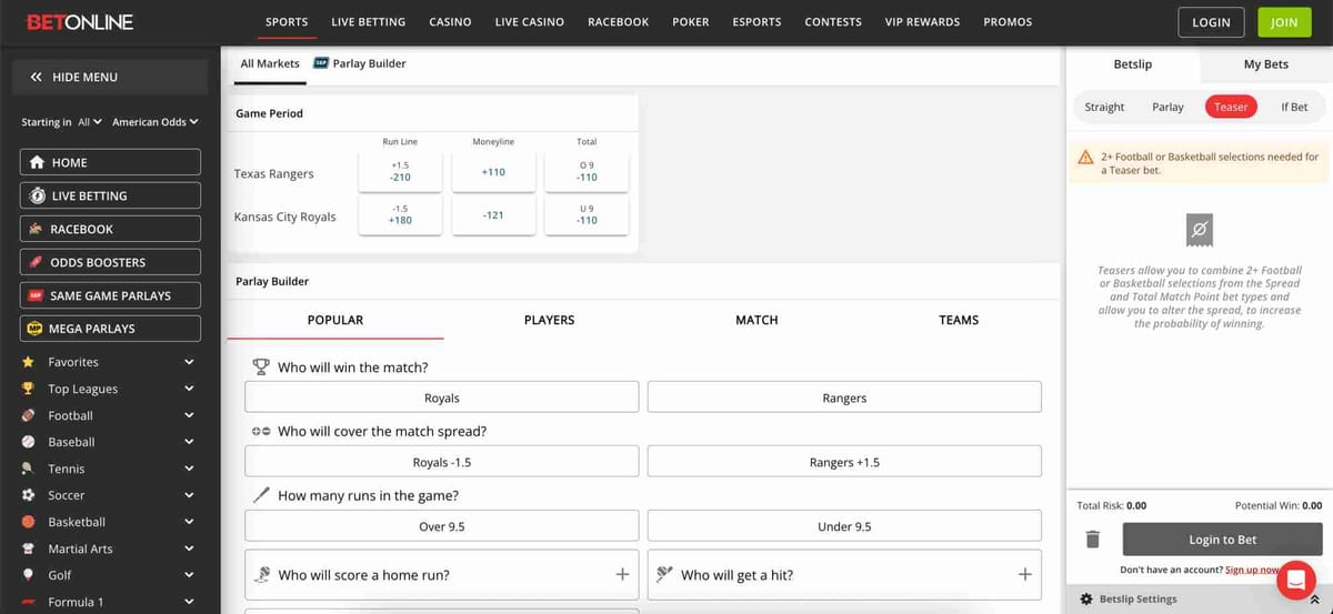 BetOnline baseball betting screen showing Texas Rangers vs Kansas City Royals odds and parlay builder options, can I bet anonymously on BetOnline